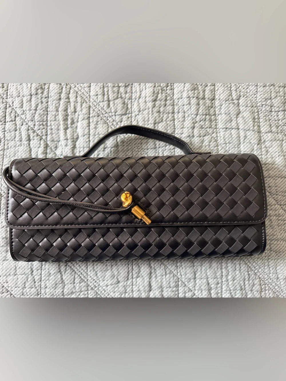 Black Woven vegan Leather Top-Handle Clutch with Gold Accent